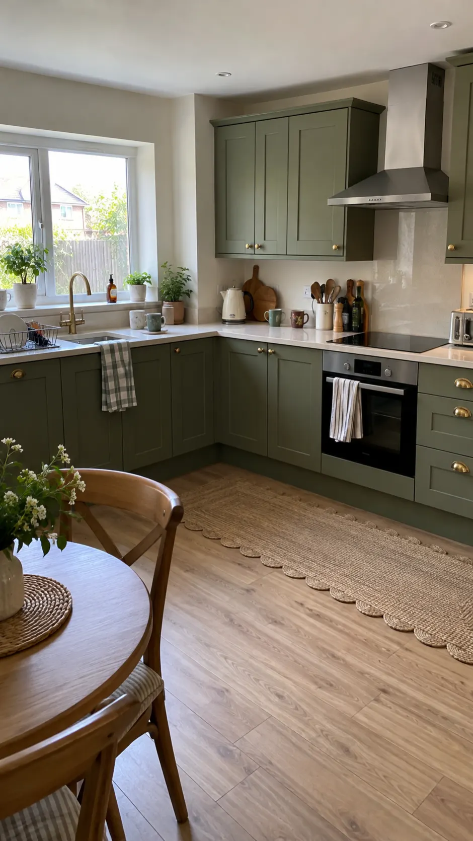 L-shaped kitchen with sage green shaker doors, brass knobs and a wood-effect floor