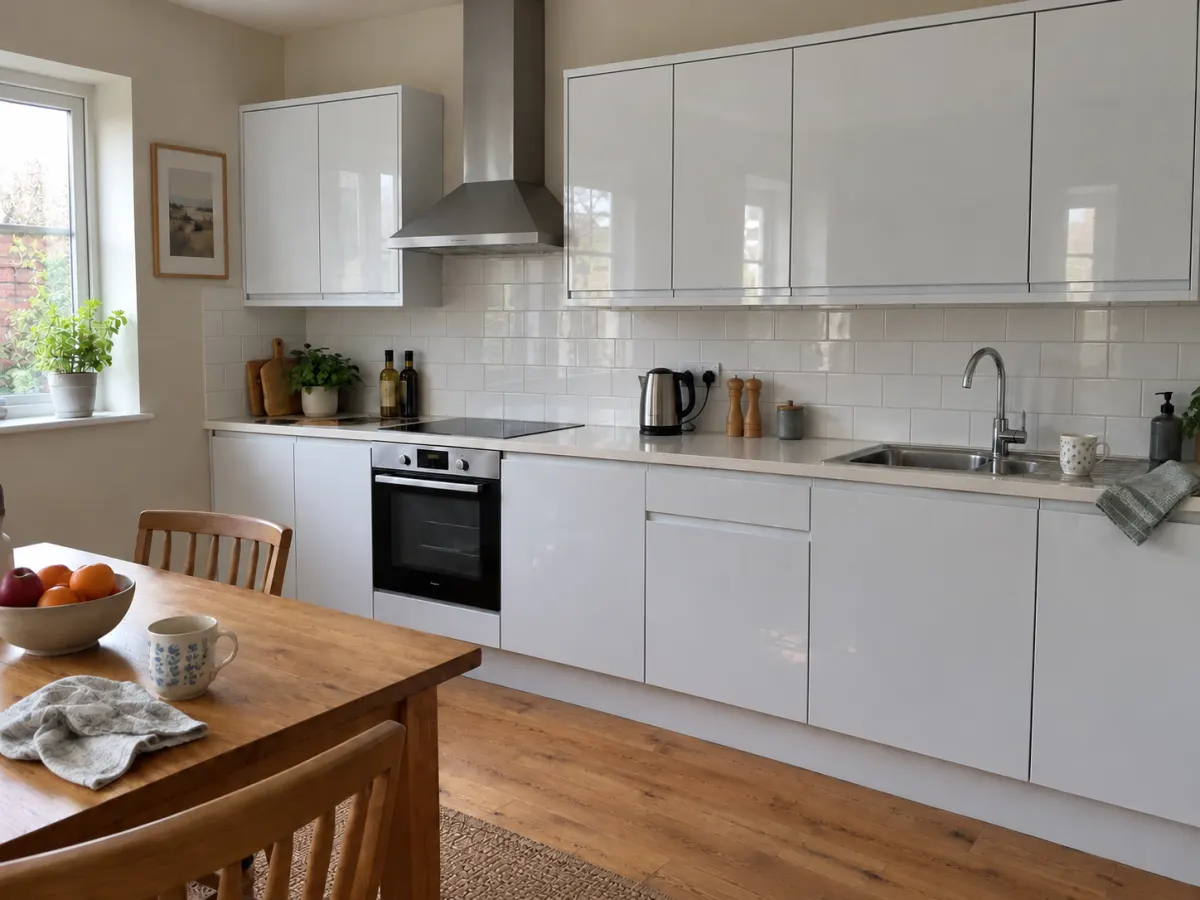 Galley kitchen with white gloss handleless doors and a metro tile splashback
